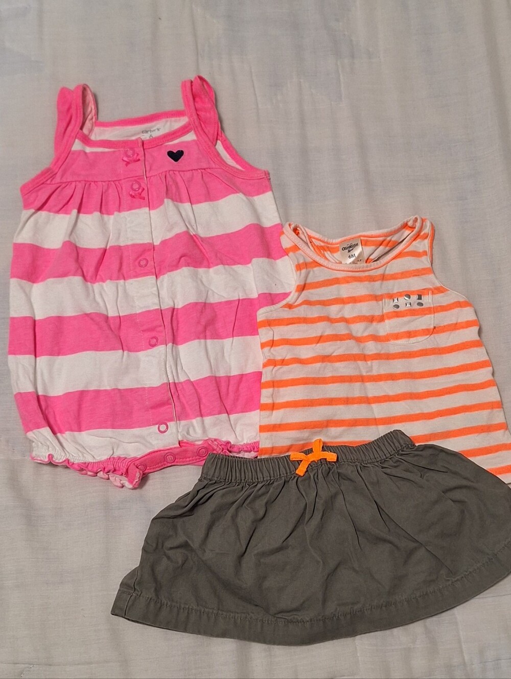 Girls Pink & White Striped Romper with Orange-Striped Tank and Gray Skirt